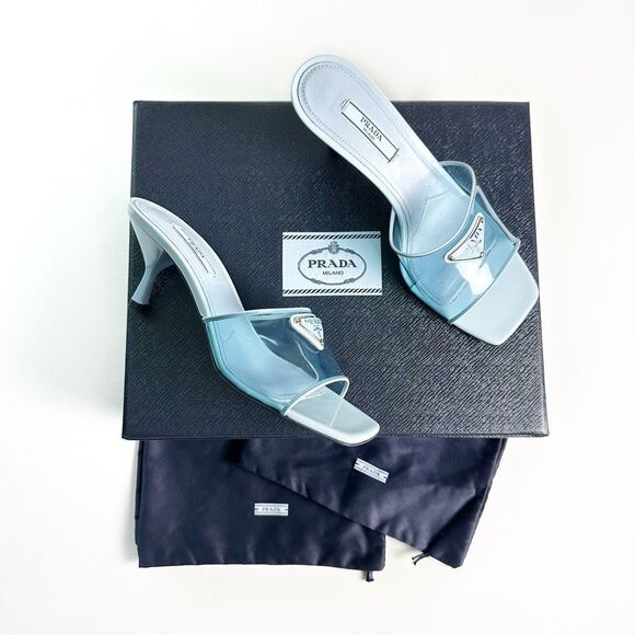 PRADA Blue Ciabatte Triangle Logo Slide Sandal Heels Size 37 Mule Clear PVC - Picture 2 of 13